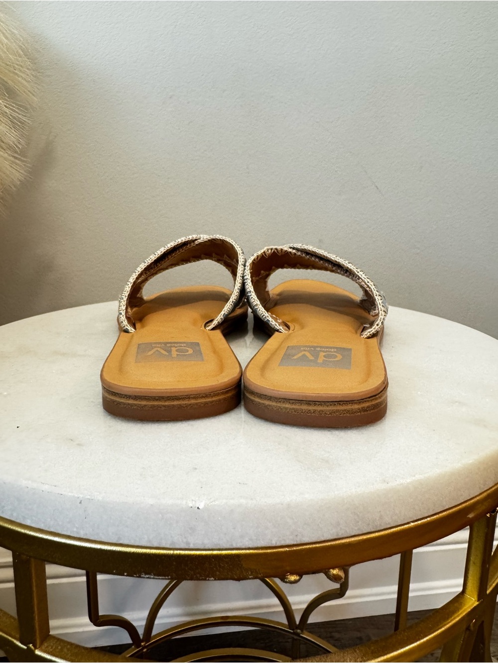 Dolce Vita Denim Crisscross Slide Sandals with Tan Footbed Sz 8 - Picture 7 of 11